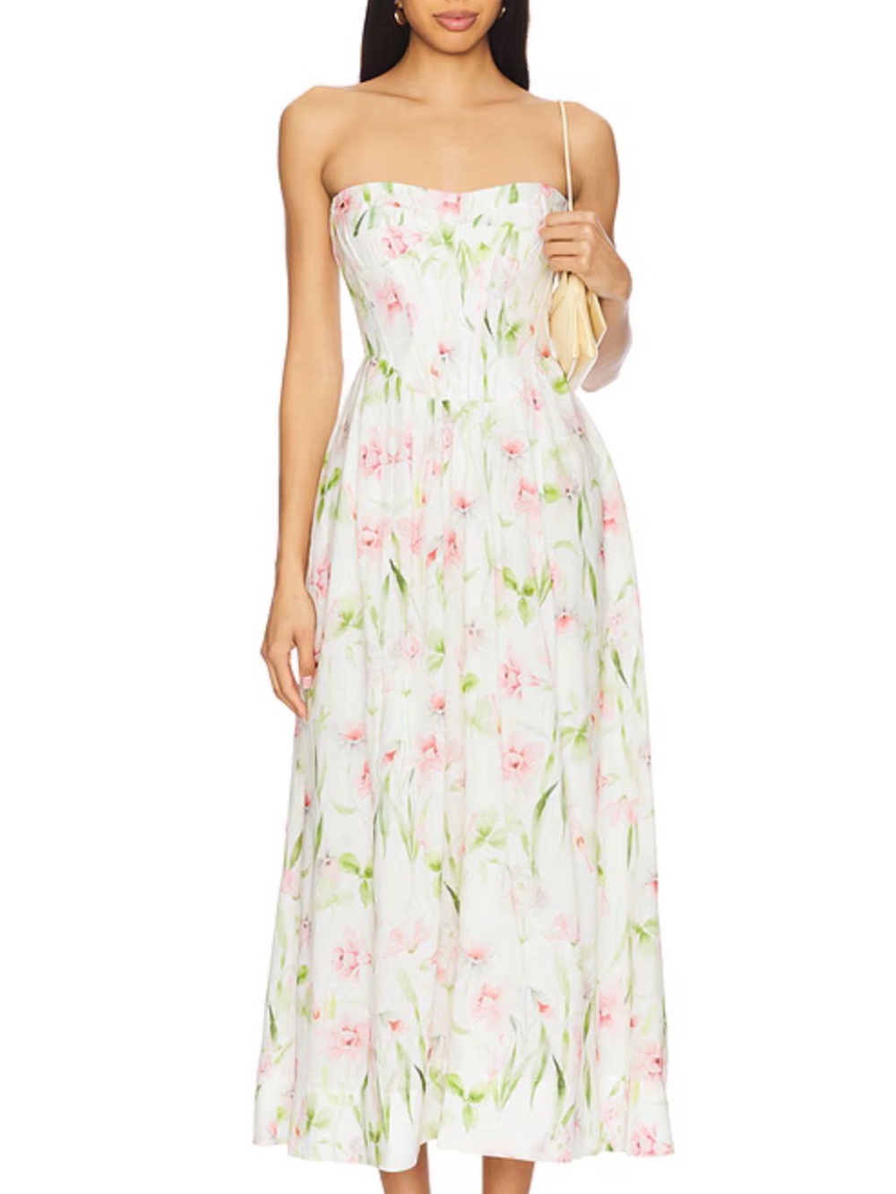 Bardot Strapless Floral Maxi Dress in White and Pink